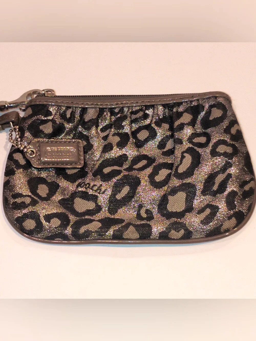 Coach Metallic Ocelot Leopard Print Mini Wristlet Pouch Silver Grey